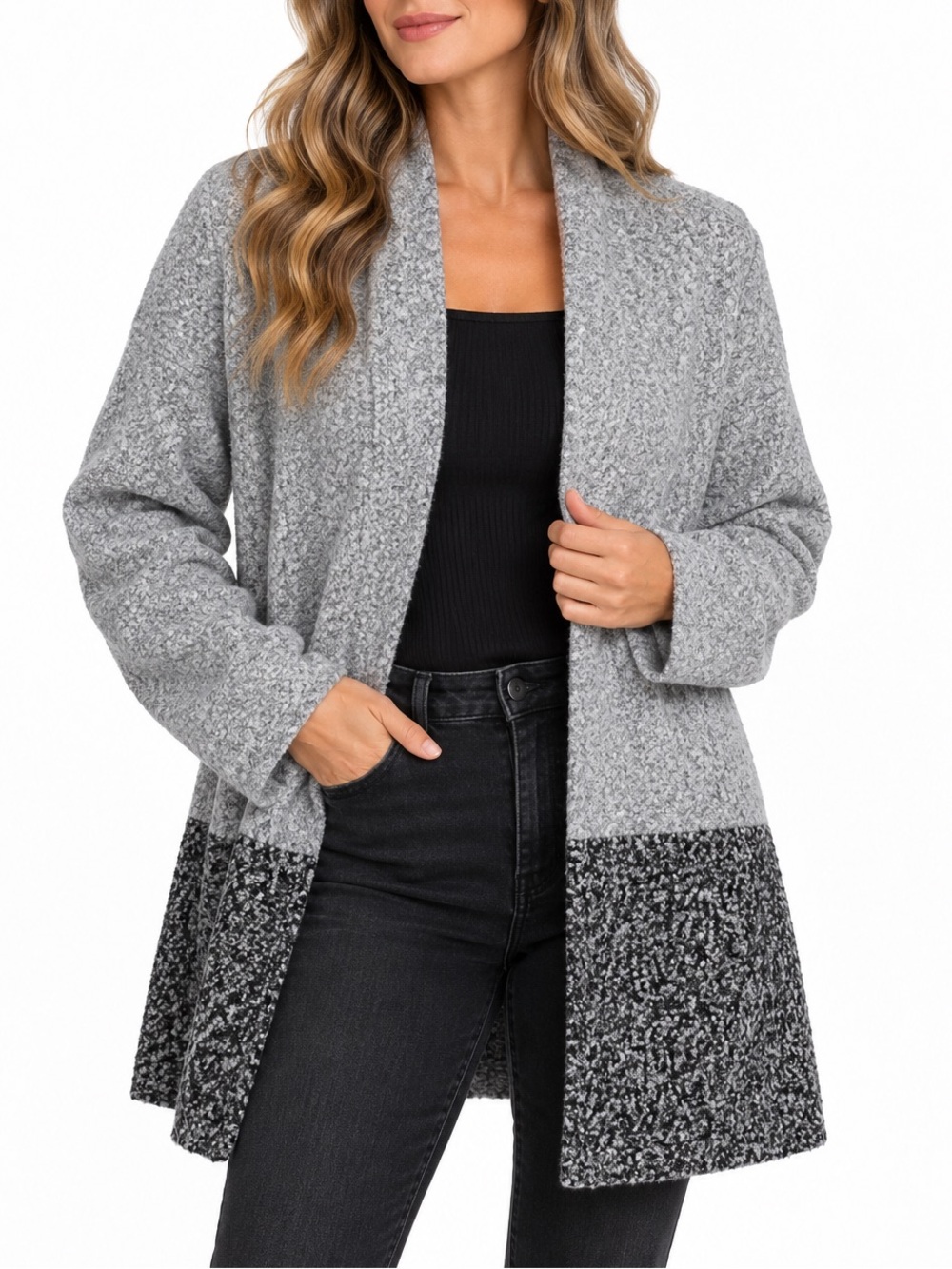 Liz Claiborne Career Colorblock Open Front Cardigan Gray Black Medium